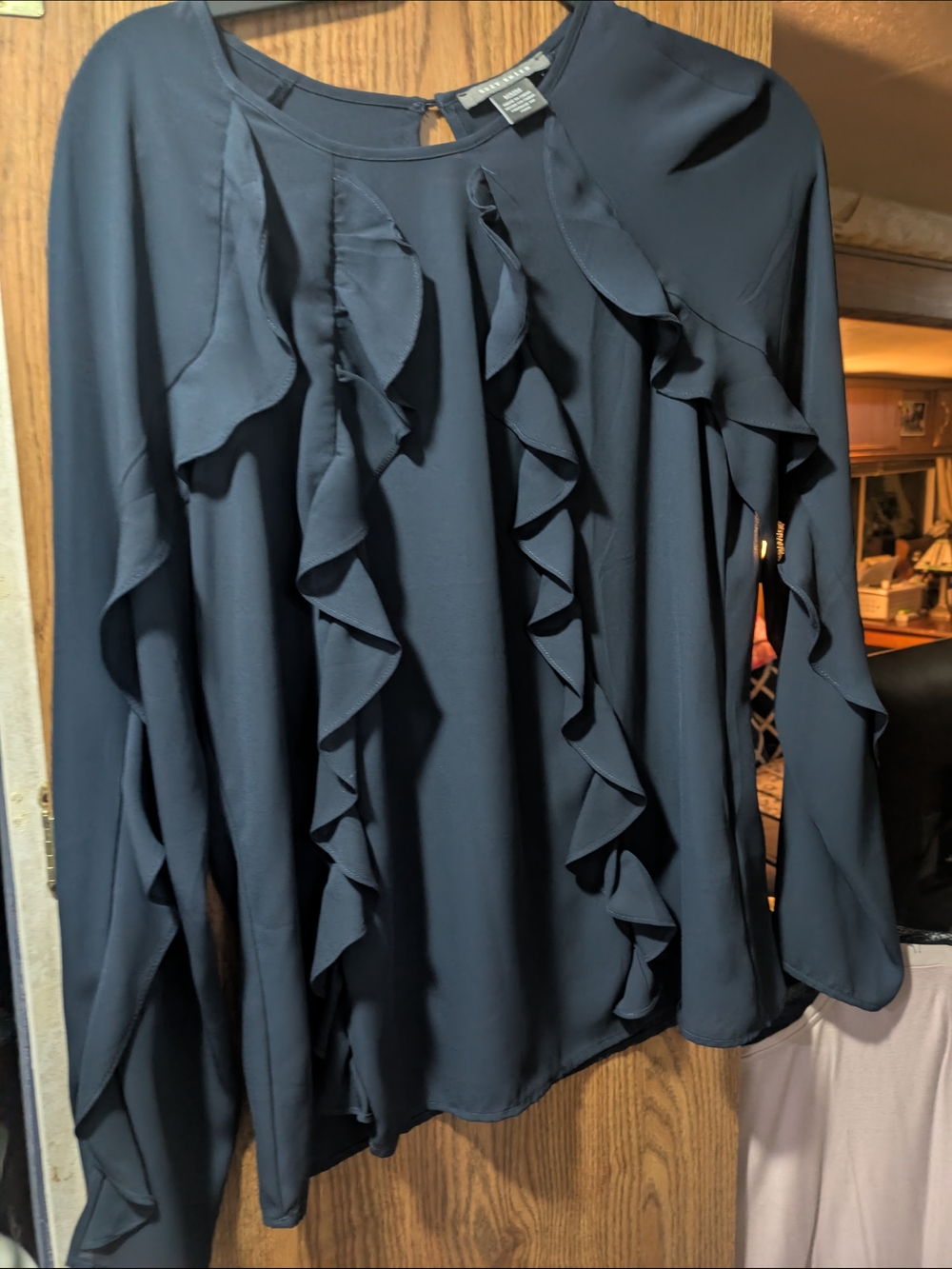 Suzy Shier Navy Ruffle Front Long-Sleeve Blouse